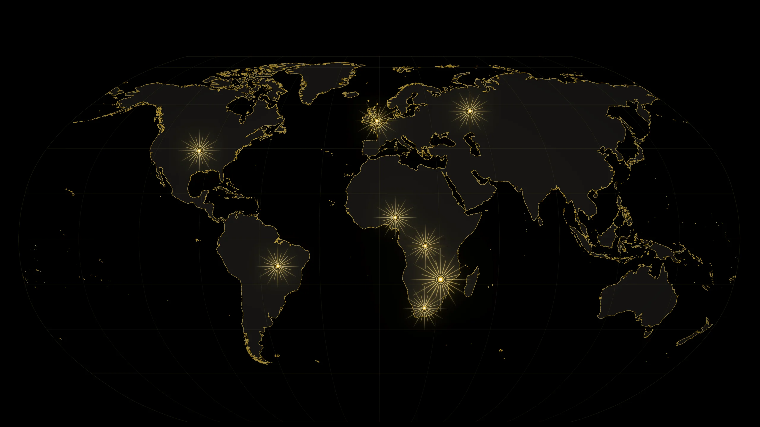 World map with glowing gold markers showing the nations where TCI has congregations